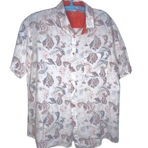 Amiani Paisley Button Up Shirt Men Cream Linen Coral Blue Art Deco Resortwear XL